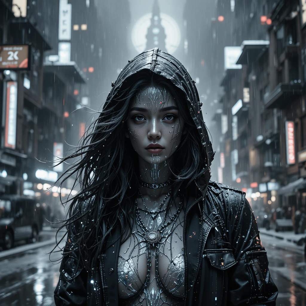 Mujer glitch surreal que se fusiona con una lluvia digital serena