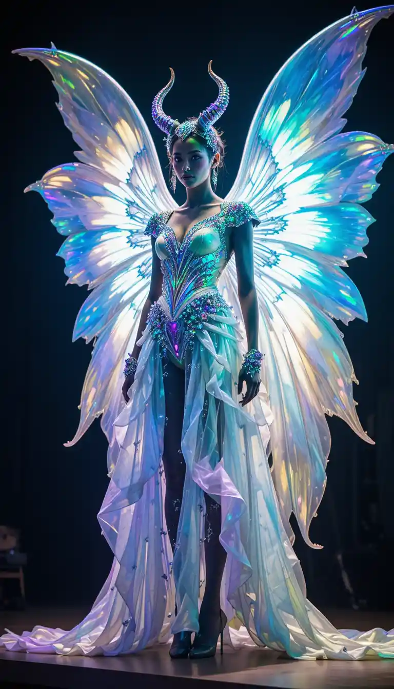 Fantasy performer with glowing iridescent wings on stage