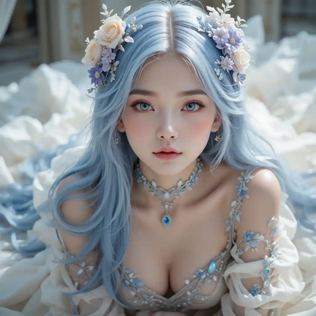 空靈藍髮女孩的花卉奇幻人像