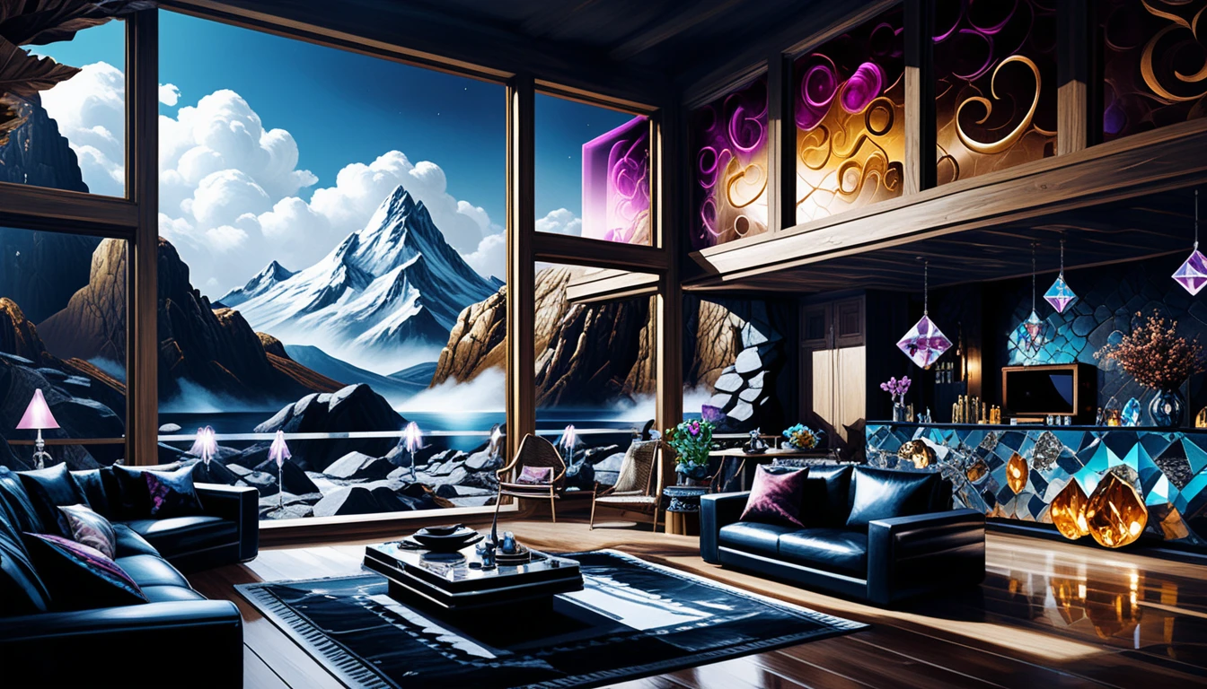 Isometric two story interior with dark wood and stone