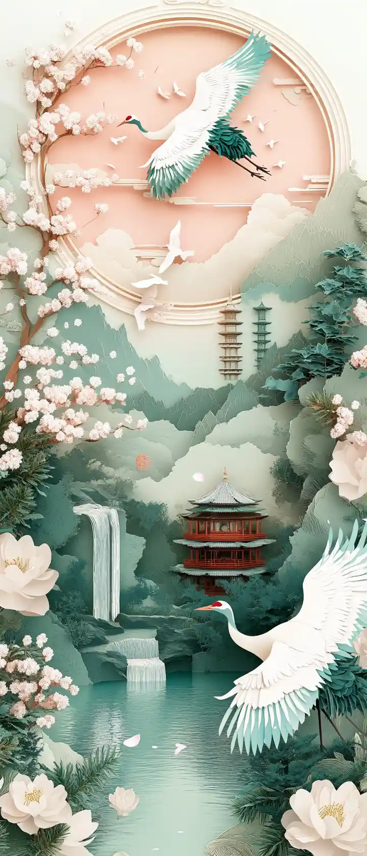 Elegant cranes among blossoms in misty mountain landscape