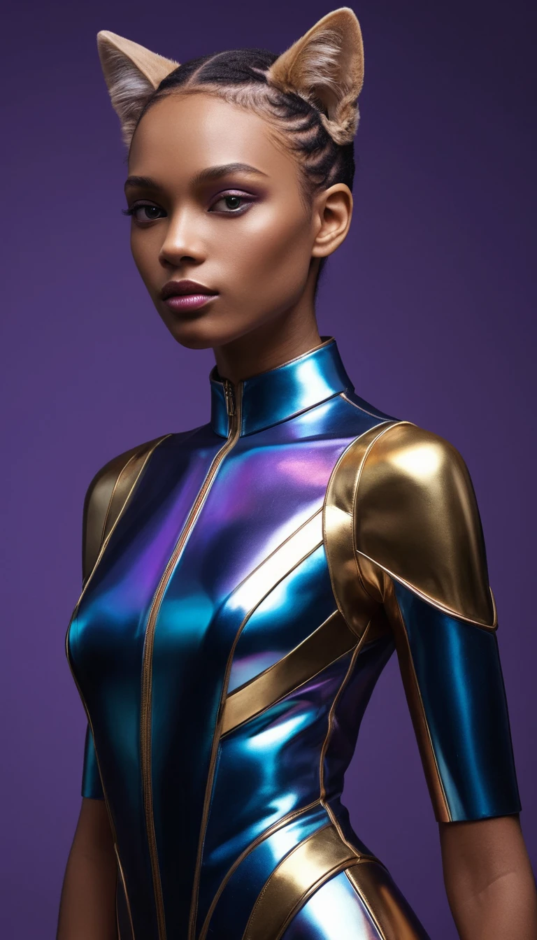 Iridescent metallic portrait of a calm girl on black