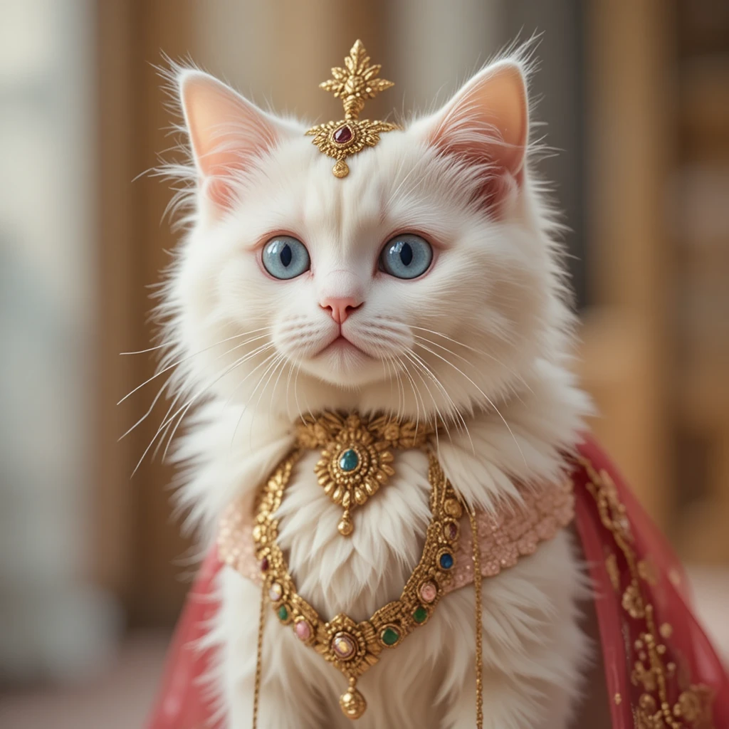 Cute white cat in colorful lehenga style outfit