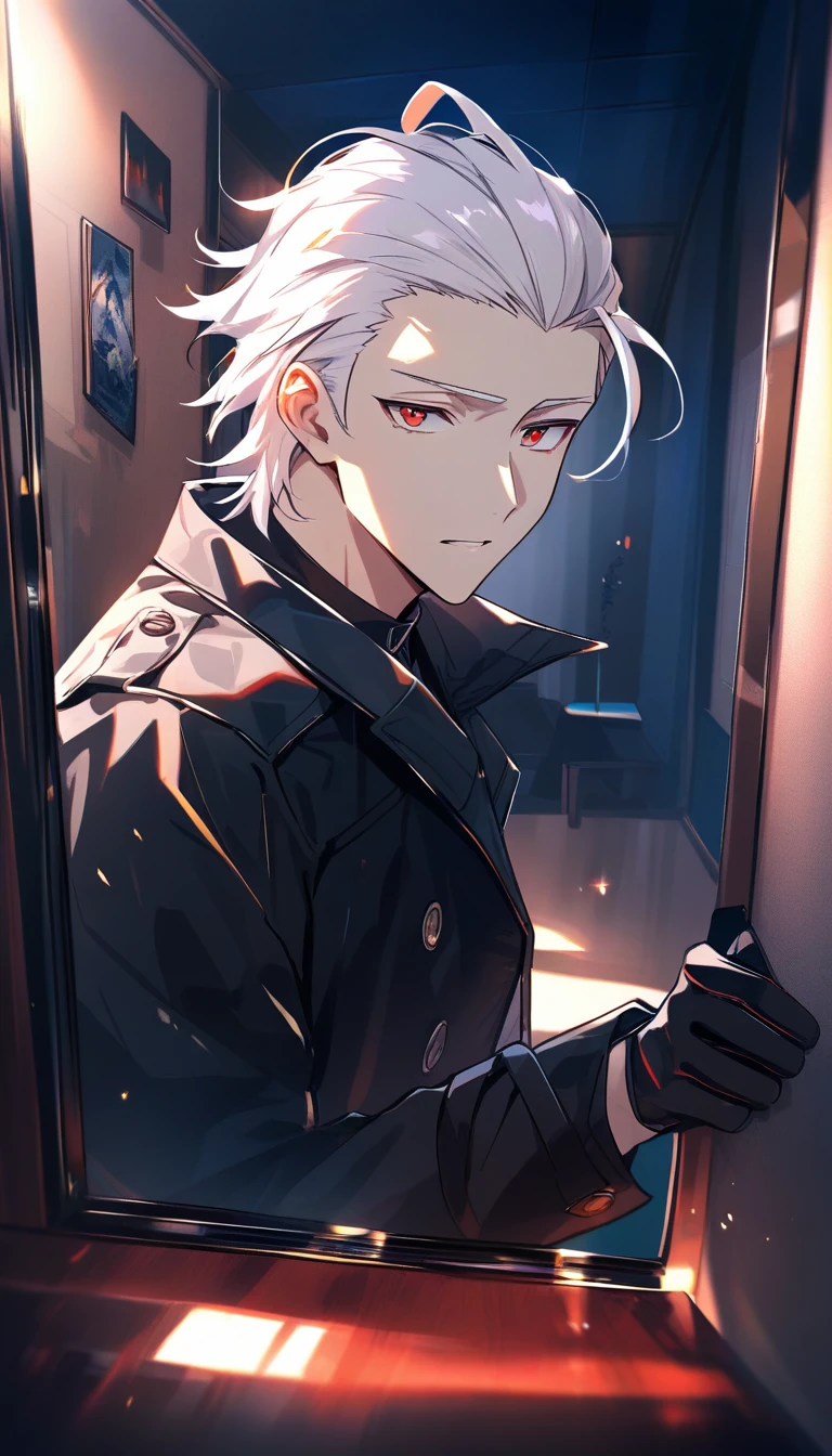 White haired man entering dark apartment interior portrait