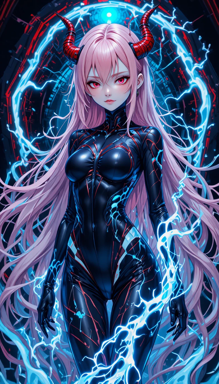 Fille d’anime cornue avec énergie lumineuse dans une scène cyberpunk