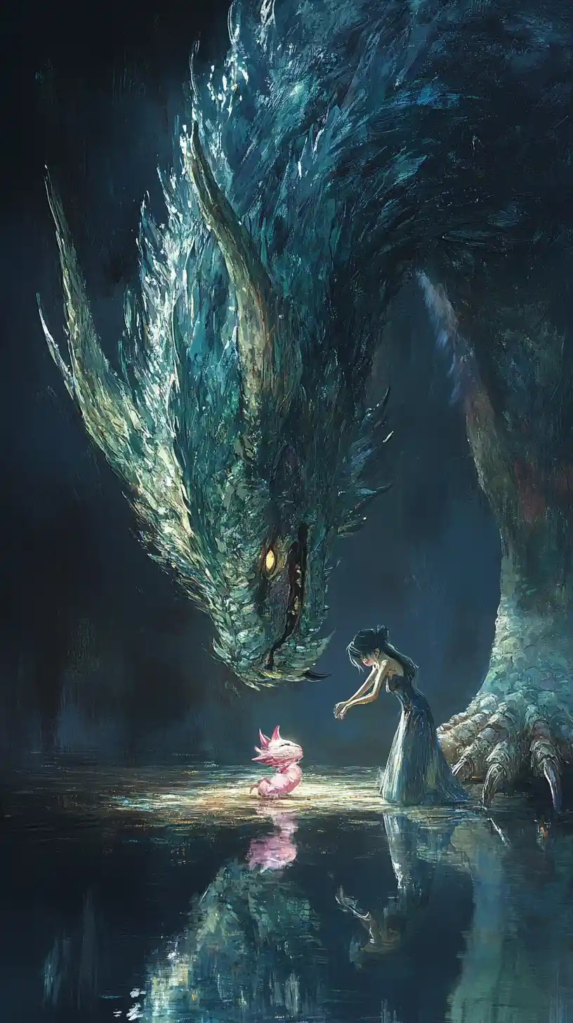 Mythical blue creature studying a tiny pink figure