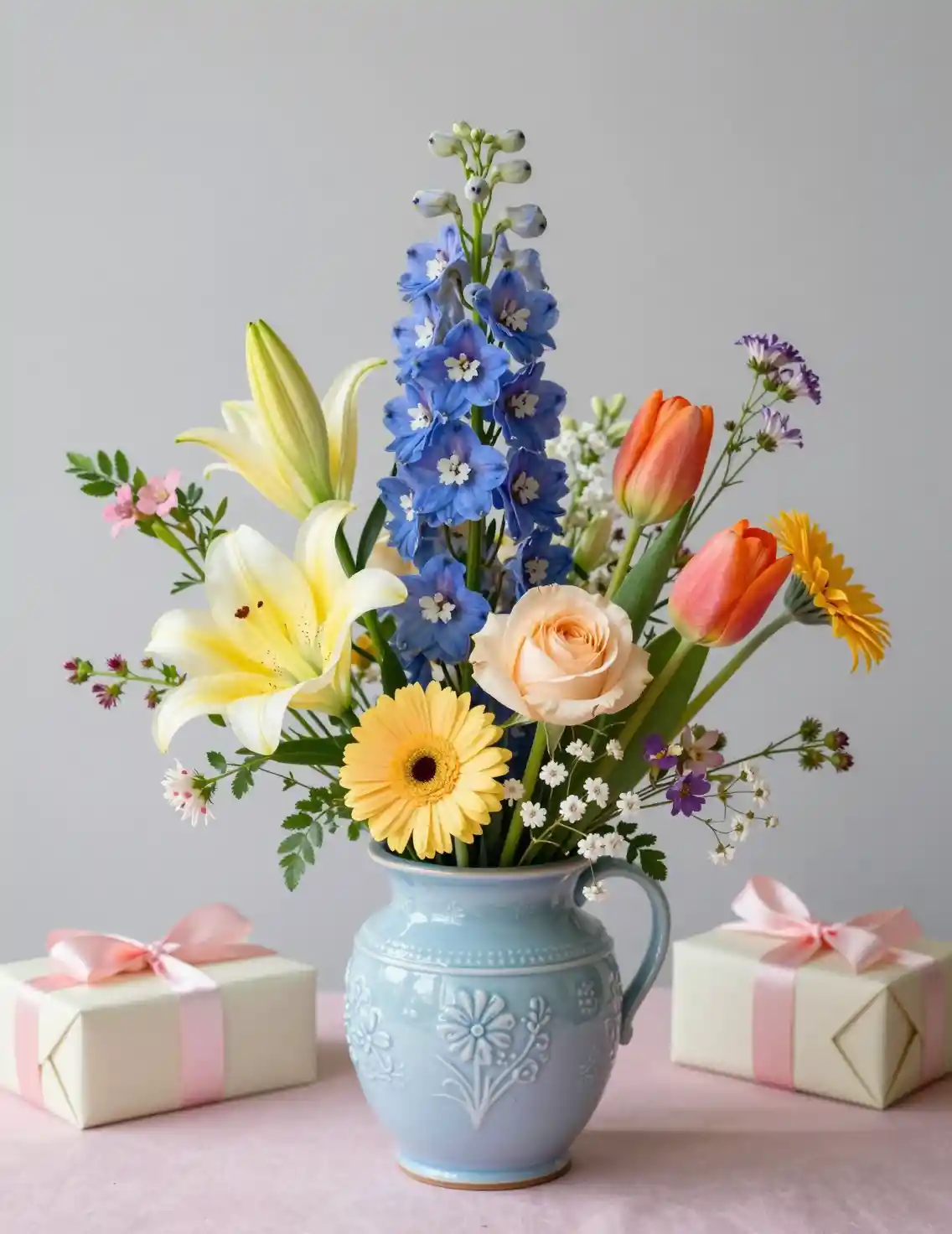 Botões florais em vaso azul com caixas de presente ao lado
