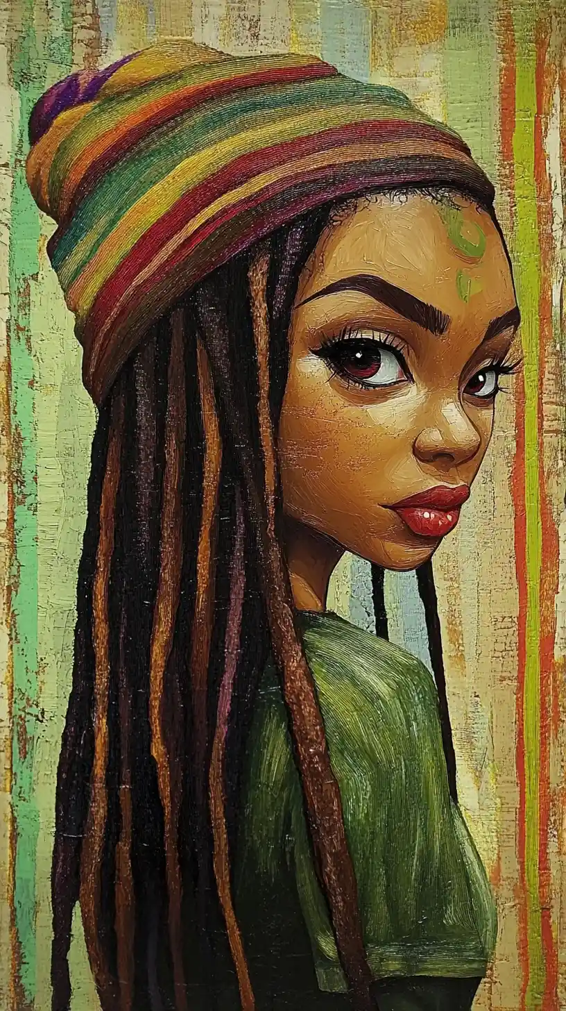 Cartoon rastafarian woman in profile with colorful striped background