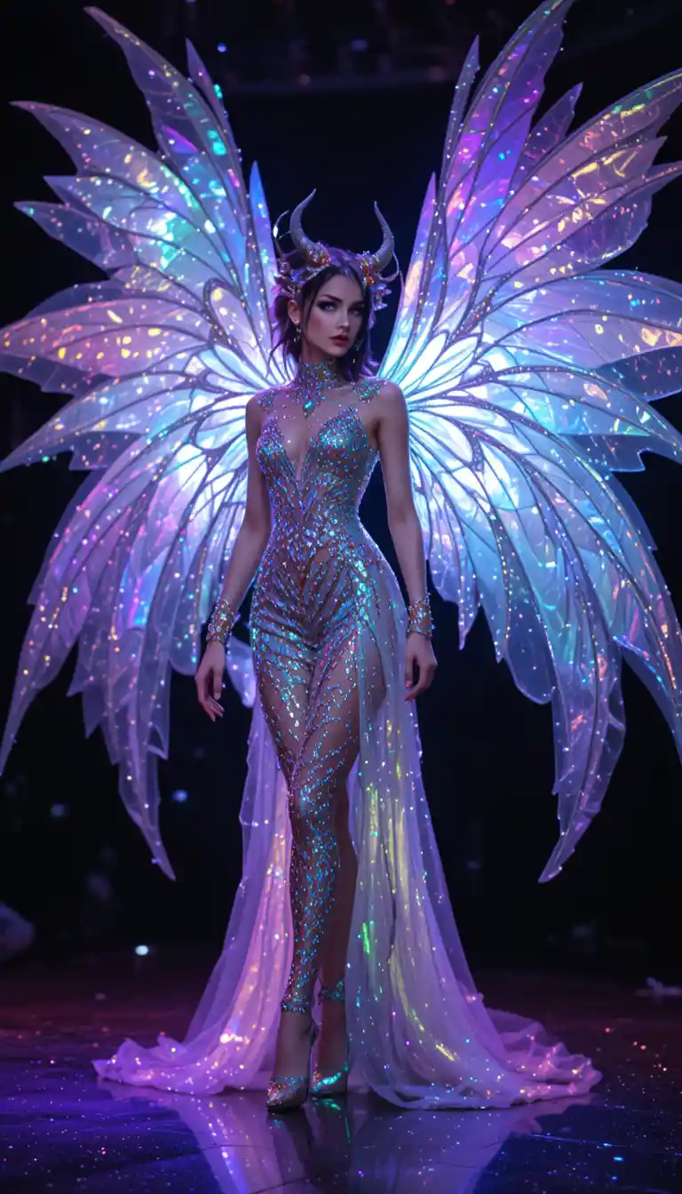 Fantasy performer with iridescent wings on dark stage