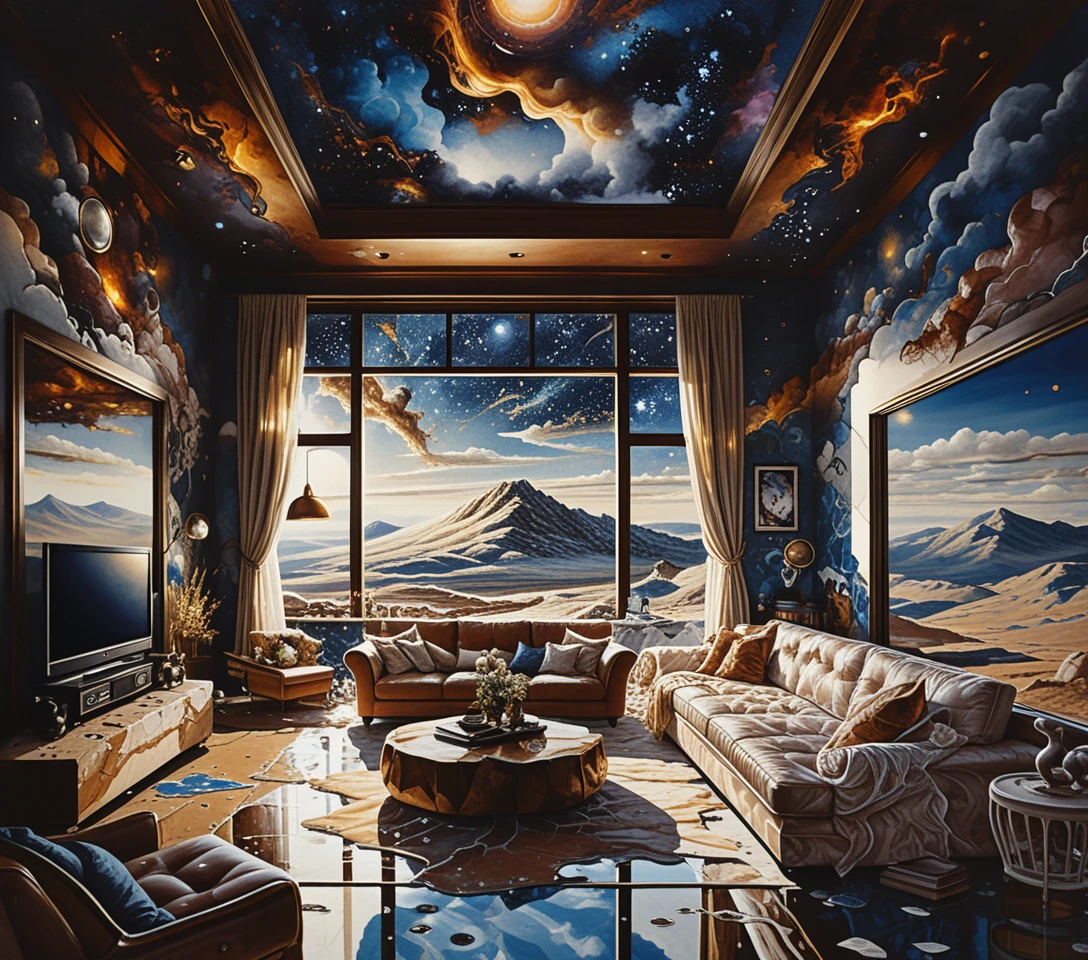 Interior isométrico de dos pisos con piedra y madera oscura