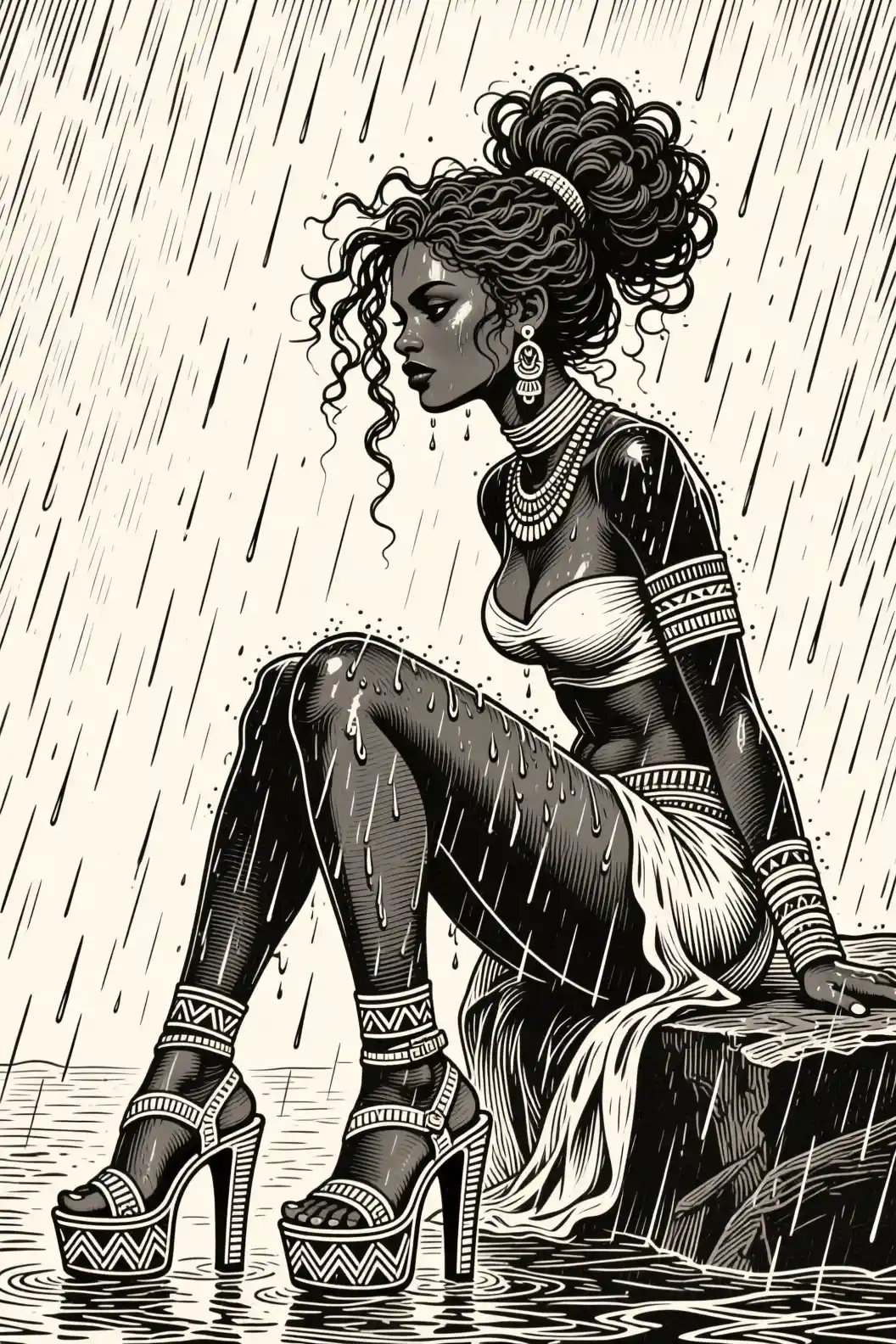 Mystical Nubian woman in rain with tribal platform sandals