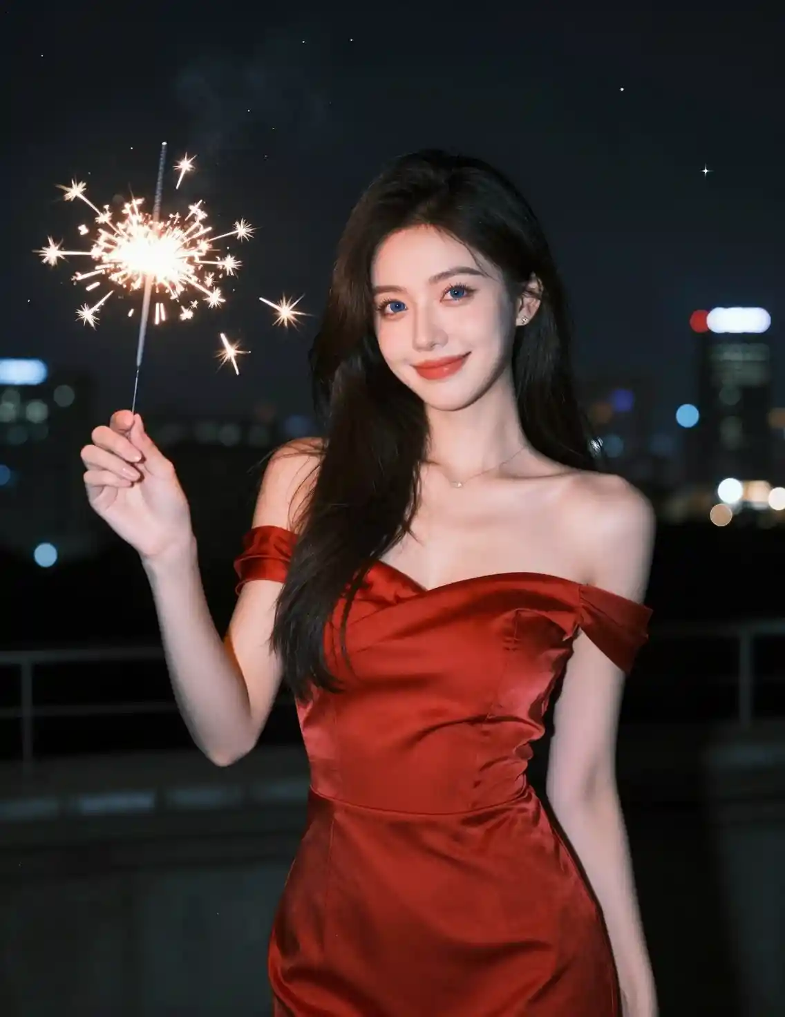 Smiling girl with sparkler drawing a glowing heart