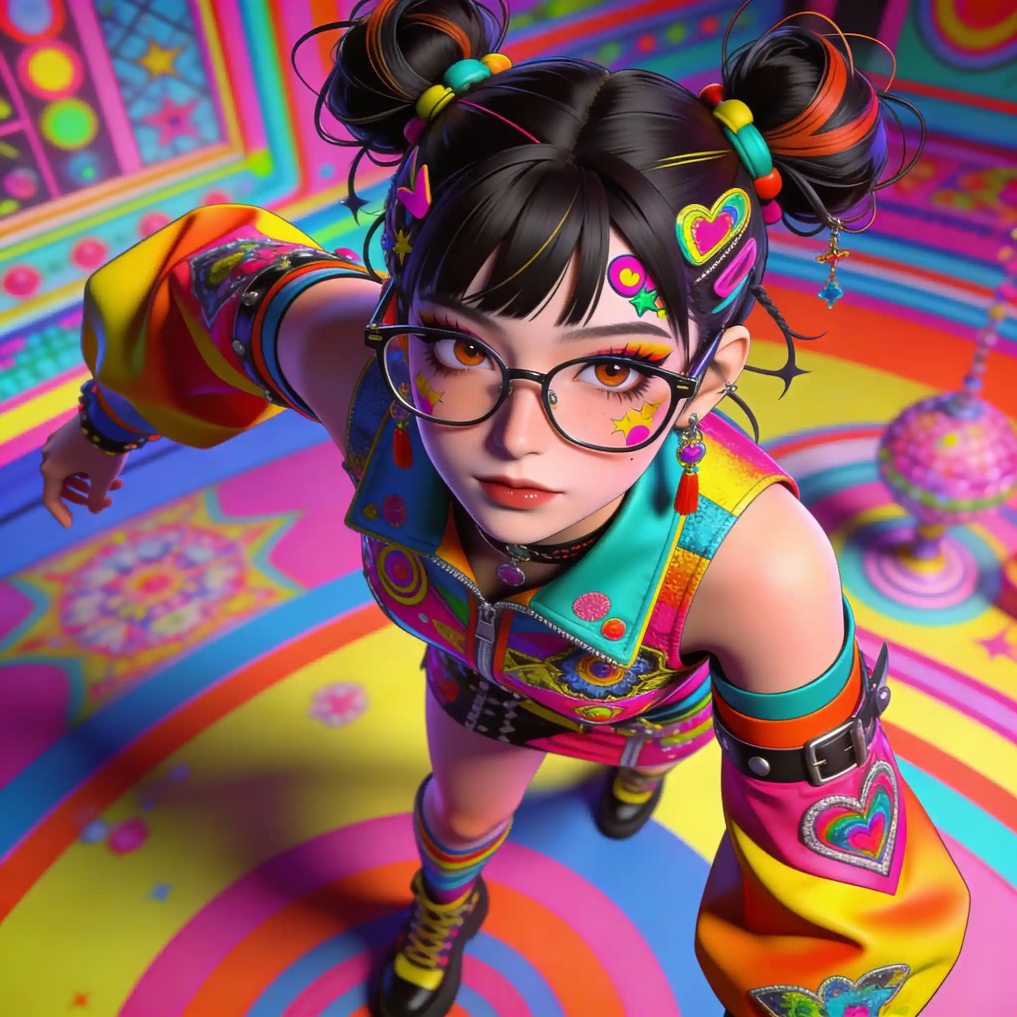 Quirky girl in vibrant psychedelic outfit with dreamy flair