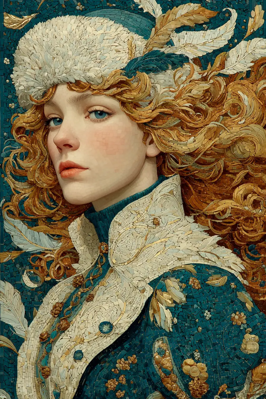Mosaic portrait of a magical snow maiden in winter
