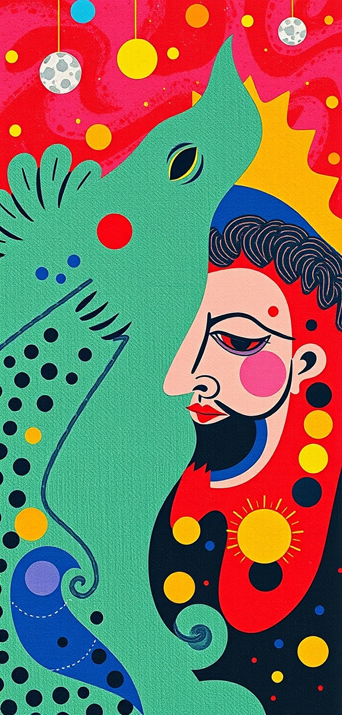 Colorful retro fantasy characters in bold graphic style