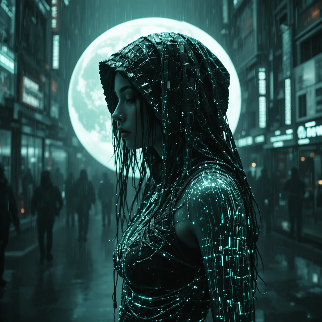 Cyber woman dissolving into glitching data in the rain