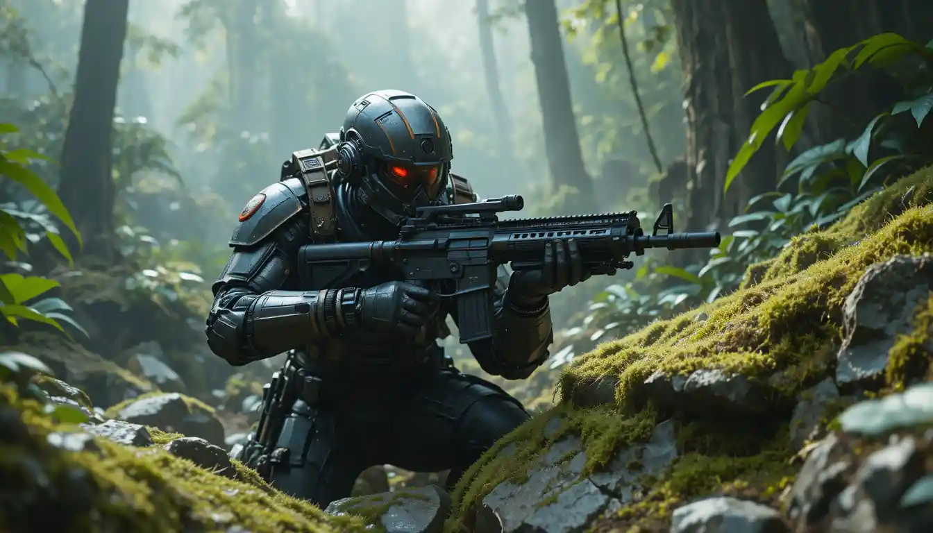 Armored sci fi soldier aiming in a misty jungle