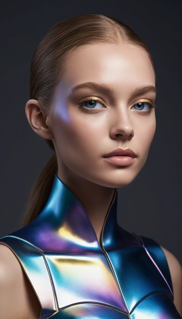 Holographic metallic portrait of a calm girl in black