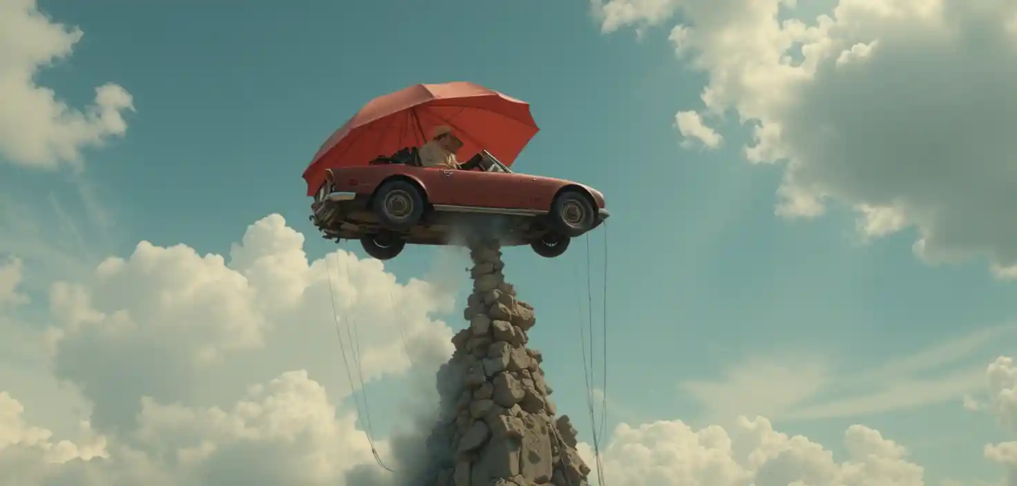 Auto, das prekär auf einer Kiefer an einer Klippe balanciert