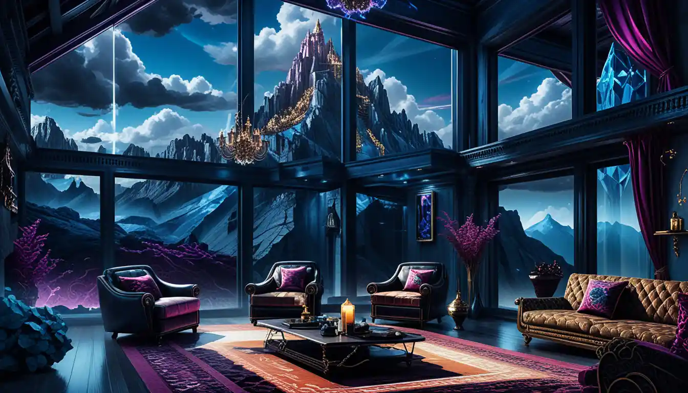 Isometric dark wood interior with mountain view window