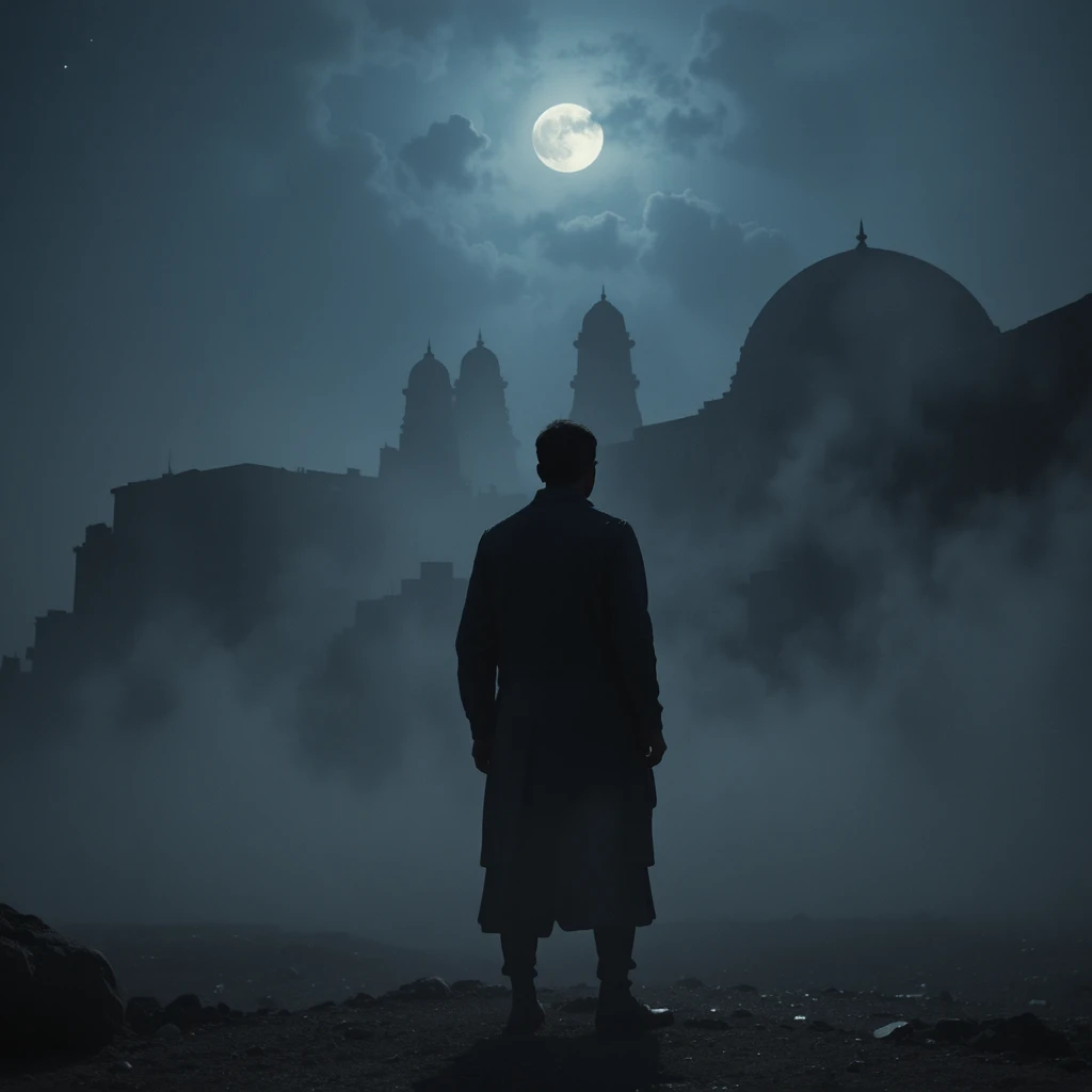 Silhouetted villager at ancient ruins in moonlit fog