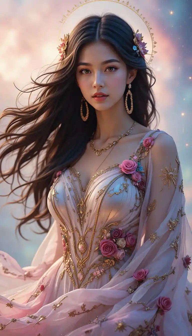 Ethereal goddess of love in a celestial rose gown