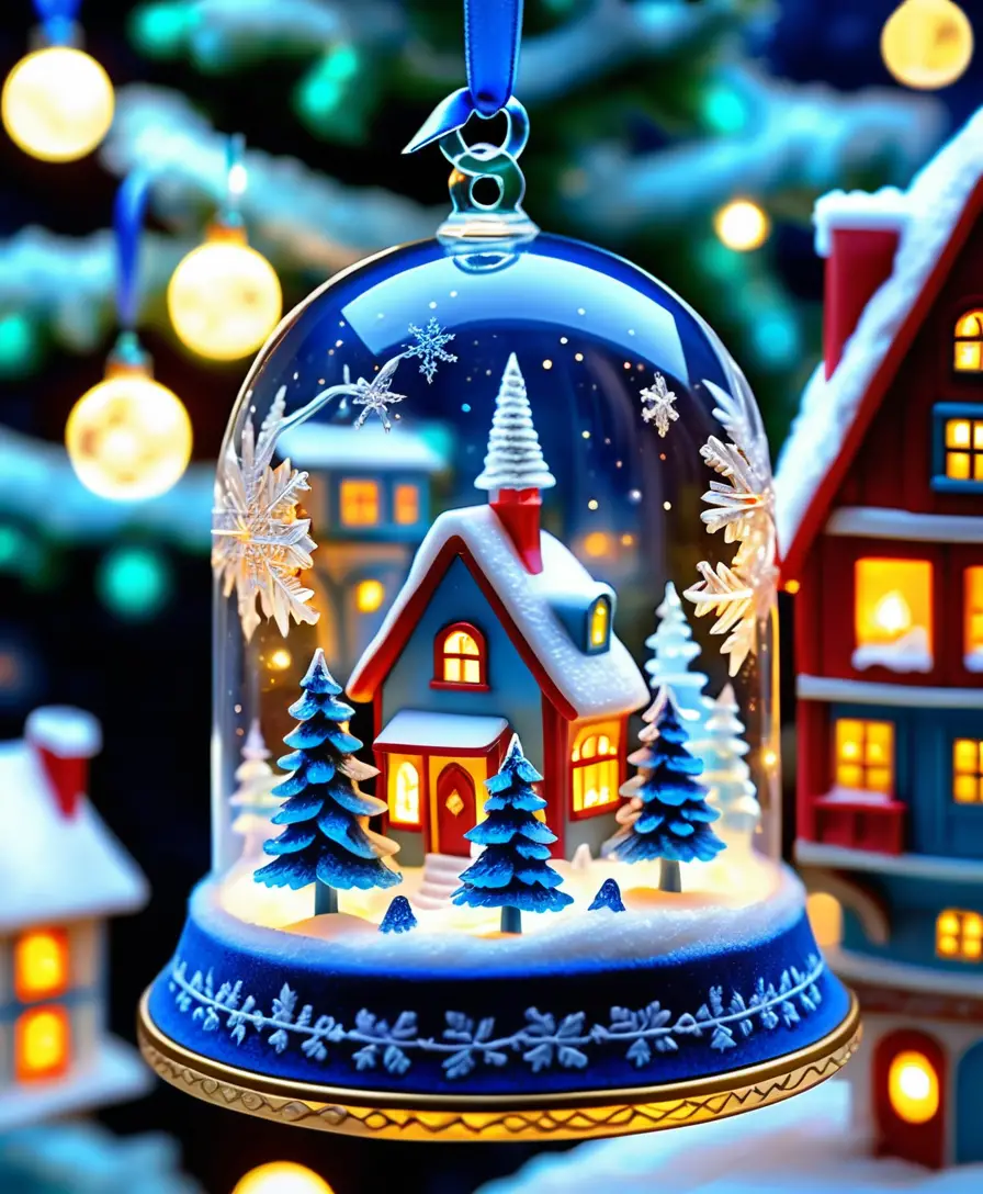 Crystal bell ornament with glowing winter village scene