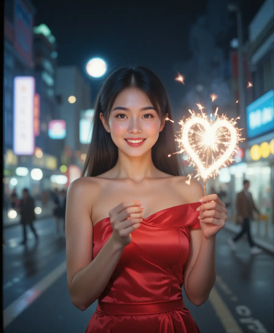 Smiling young woman with sparkler in a night city