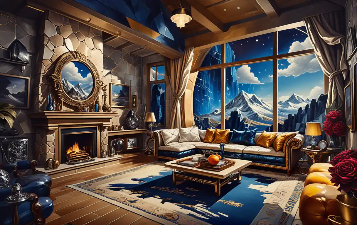 Stylized two story interior with dark mountain view