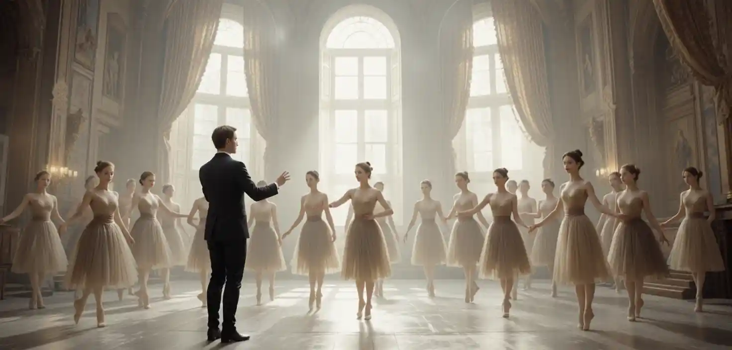 Ballerini di balletto che provano sotto lo sguardo severo del loro direttore