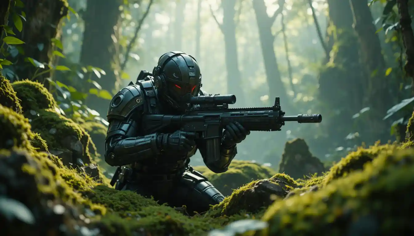 Soldado blindado de ciencia ficción apuntando en una jungla neblinosa de noche