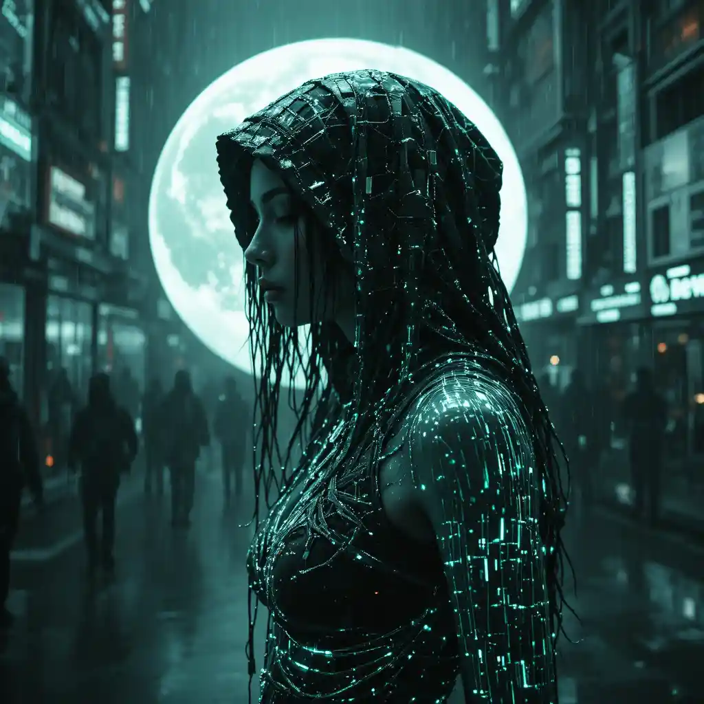 Cyber woman dissolving into glitching data in the rain