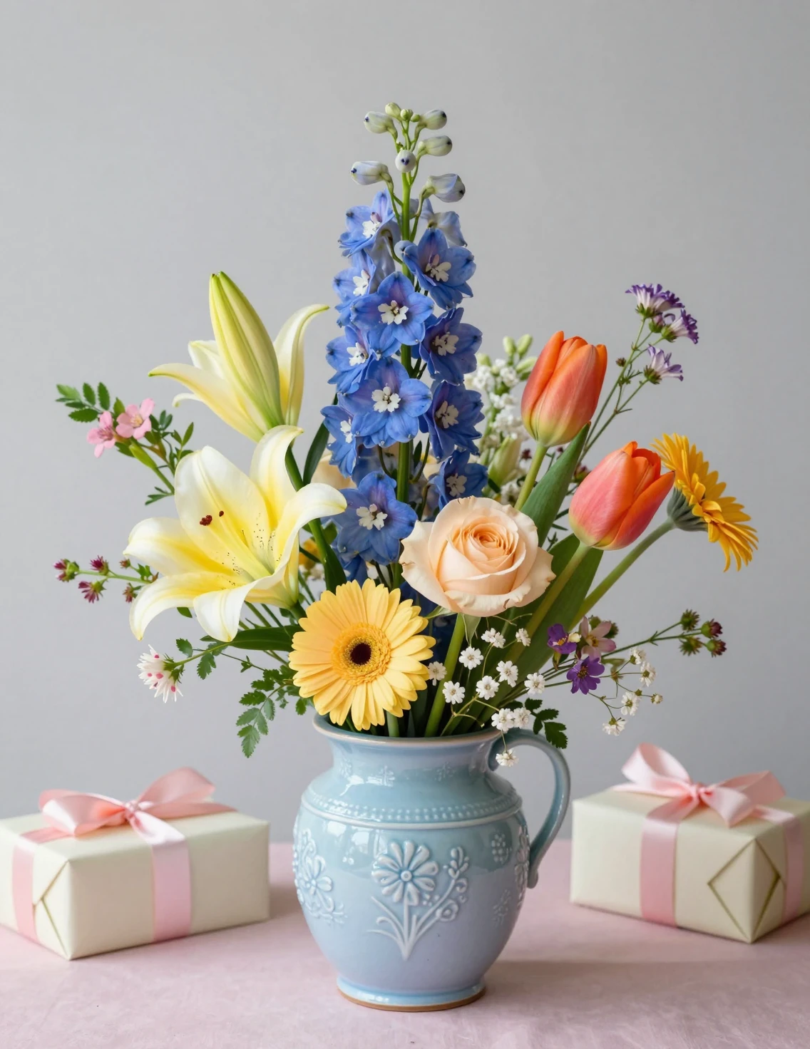 Capullos florales en un jarrón azul con cajas de regalo al lado