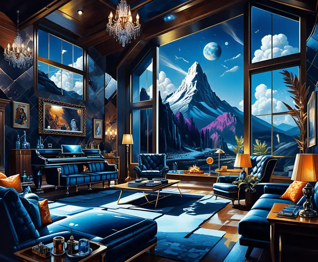 Stylized Two Story Interior With Mountain View Window