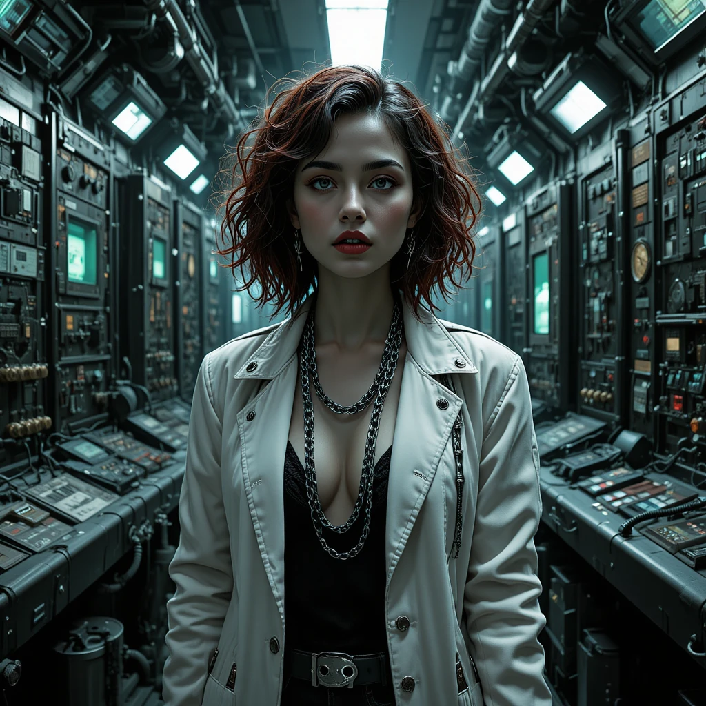 Femme fatale in sala di controllo nucleare rétro con caos di glitch