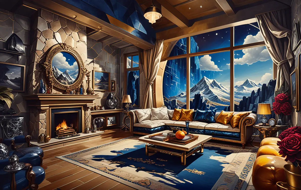 Stylized two story interior with dark mountain view