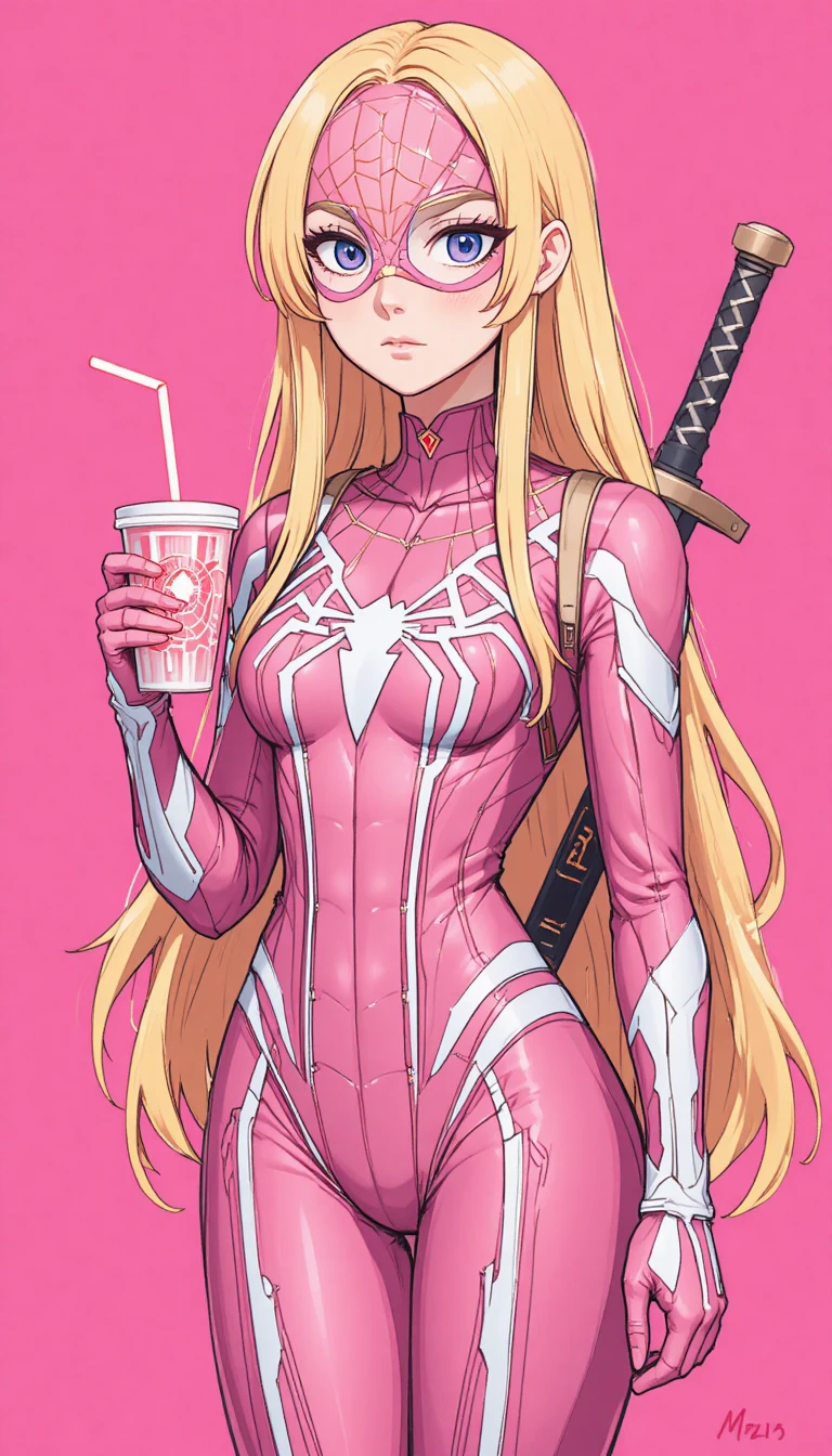 Blonde heroine in pink spider suit with sword and drink
