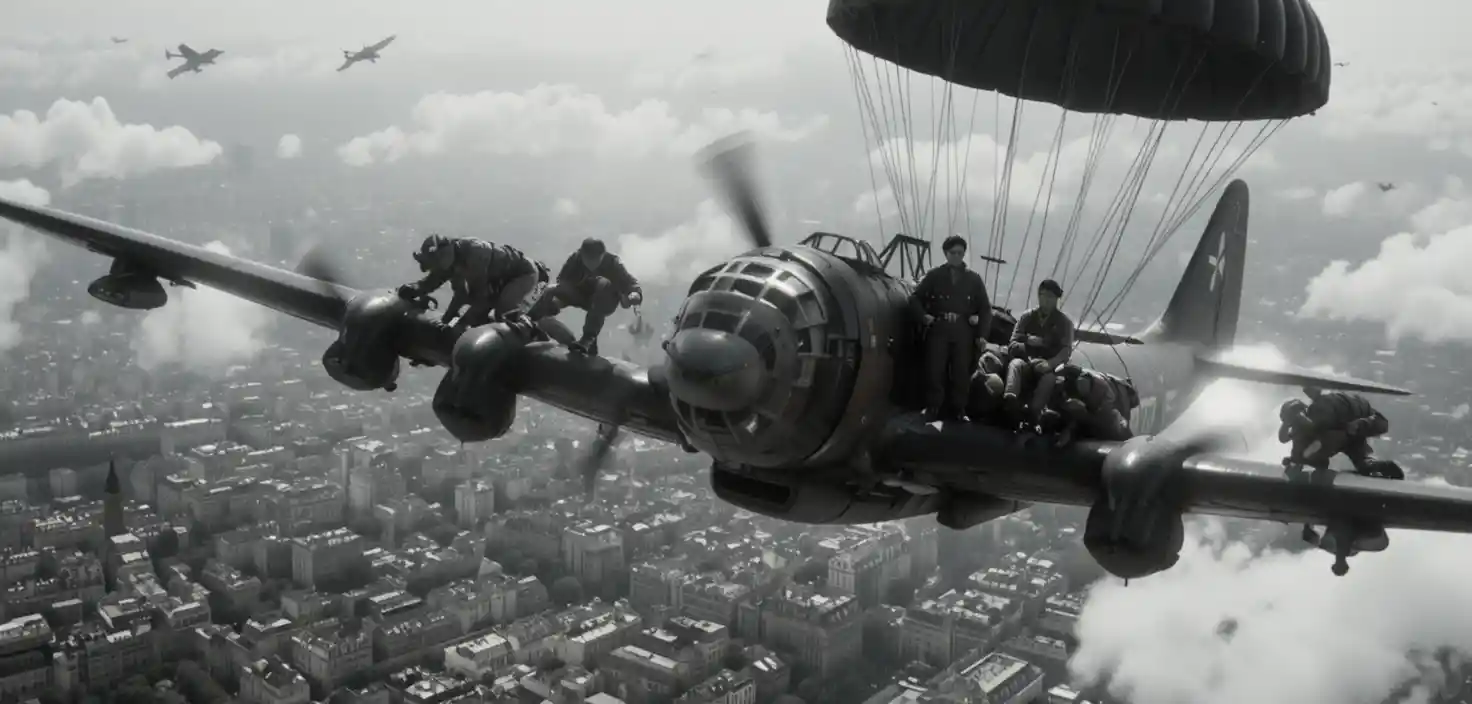 Britisches Kampfflugzeug 1942 über dem besetzten Paris abgeschossen