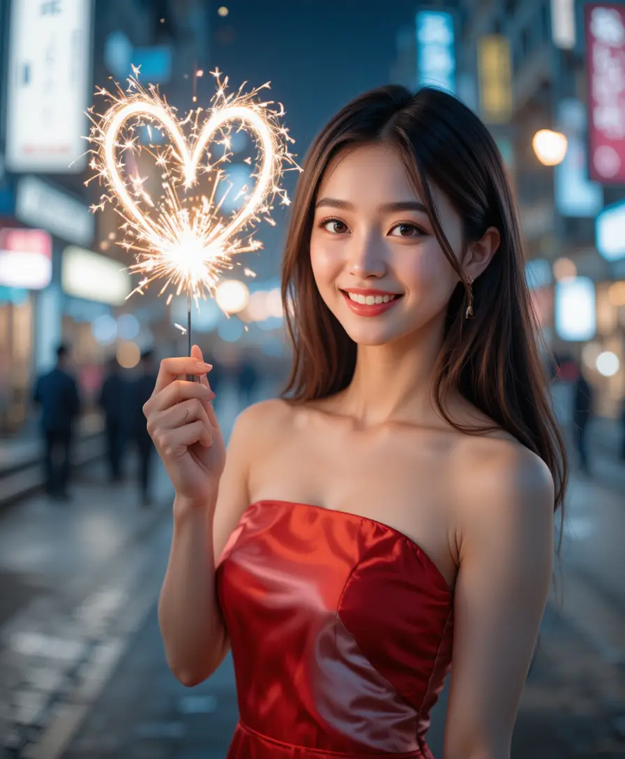 Smiling young woman with sparkler in a night city