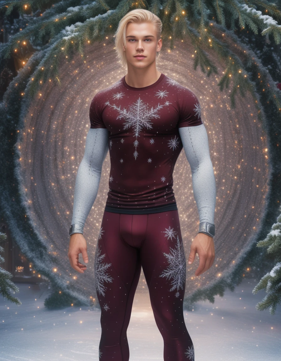 Blond male skater in rhinestone leggings by a Christmas tree