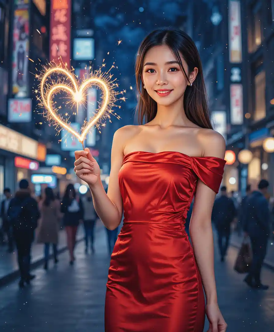 Smiling young woman with sparkler in city night portrait