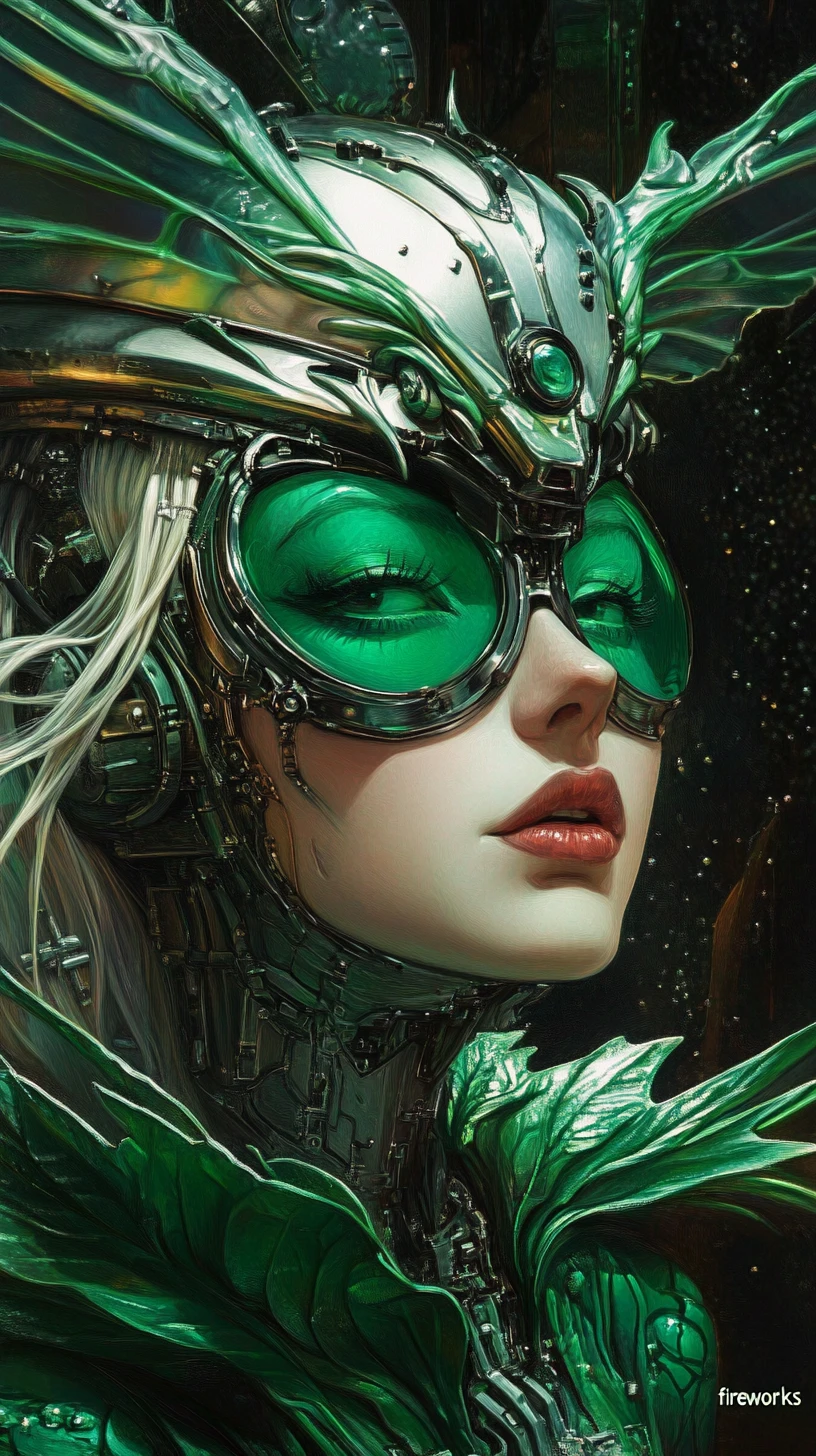 Donna sci-fi grottesca in armatura verde con elmo con alone