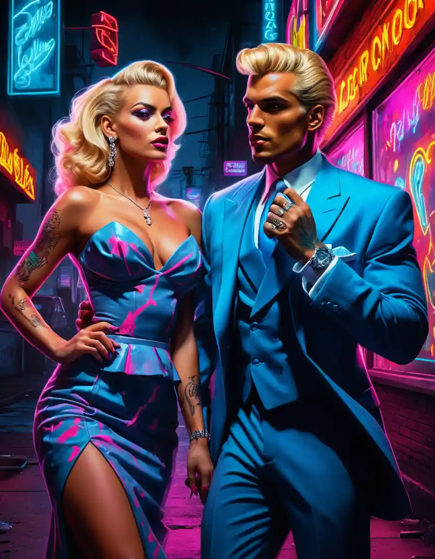 Neon pinup fashion woman in glamorous gala gown