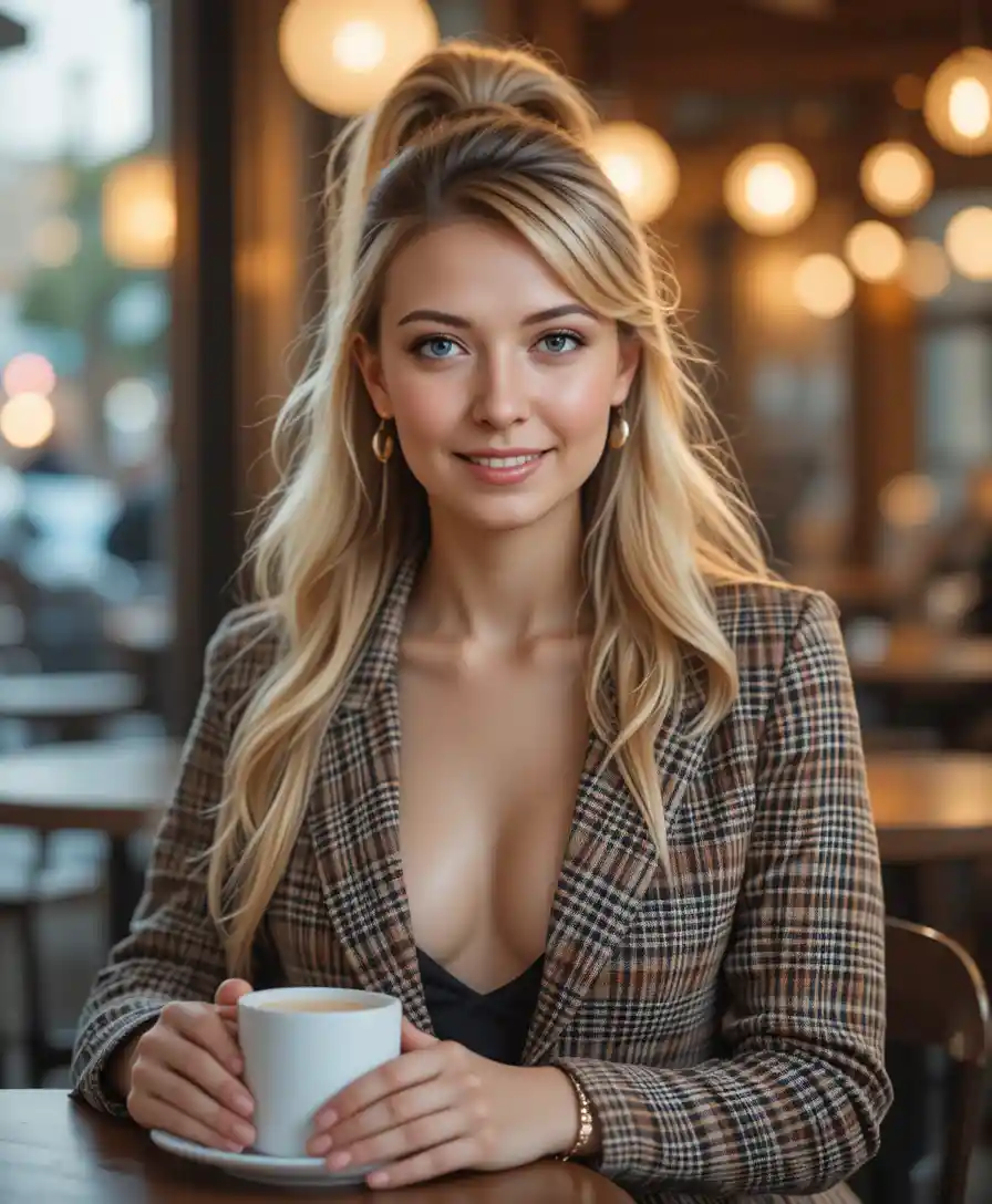 Confident blonde woman at outdoor city cafe portrait