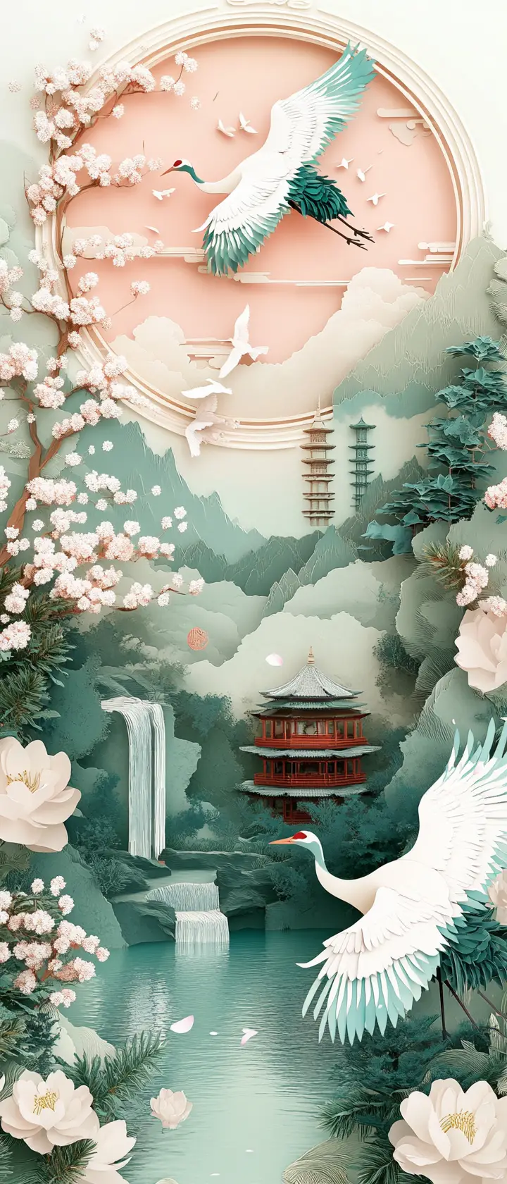 Elegant cranes among blossoms in misty mountain landscape