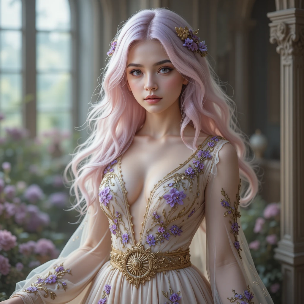 Anmutige Fantasy-Frau im floral bestickten Kleid