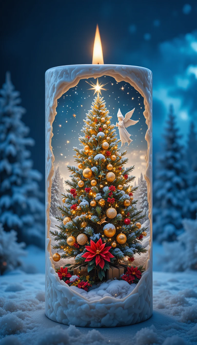 Bougie en double exposition avec scène de Noël hivernale magique