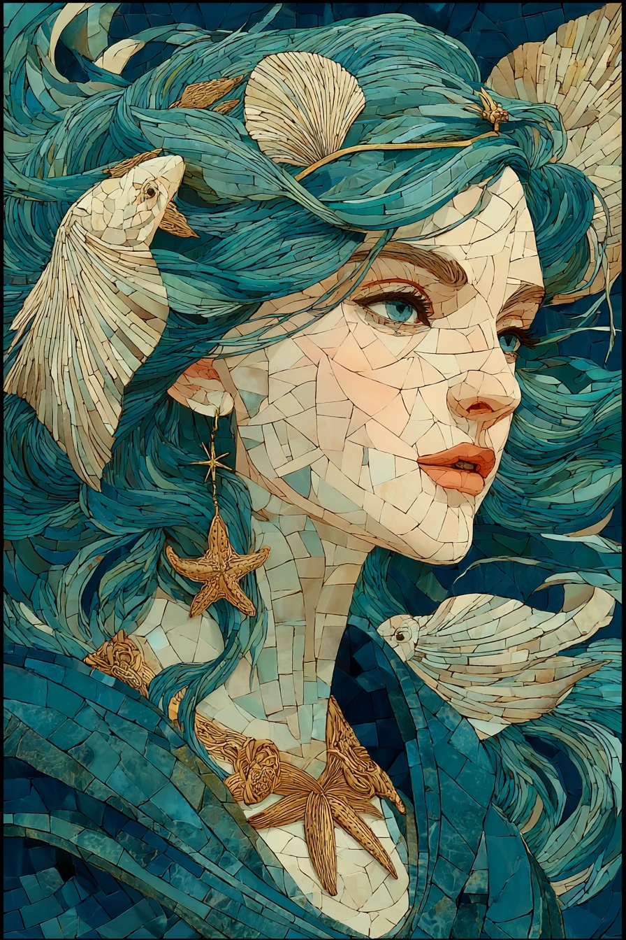 Mosaic portrait of a serene siren amid underwater corals
