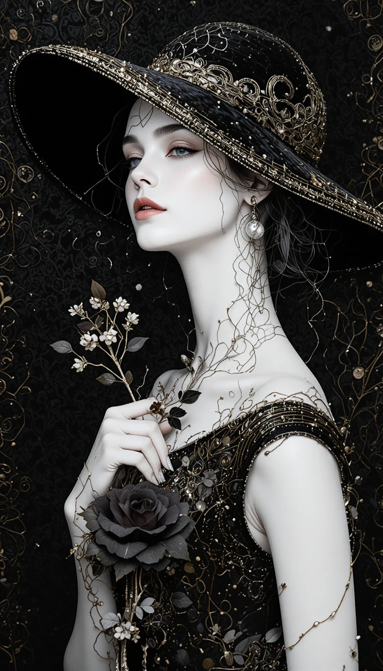 Elegant line drawn woman with hat and rose details