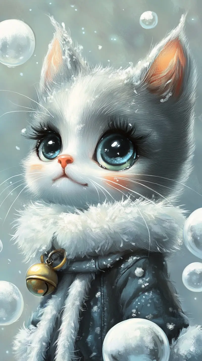 Playful pencil cat character in a winter fantasy scene